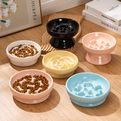 陶瓷慢食碗高脚猫狗碗陶瓷防打翻双碗食盆狗碗猫咪喝水碗保护颈椎