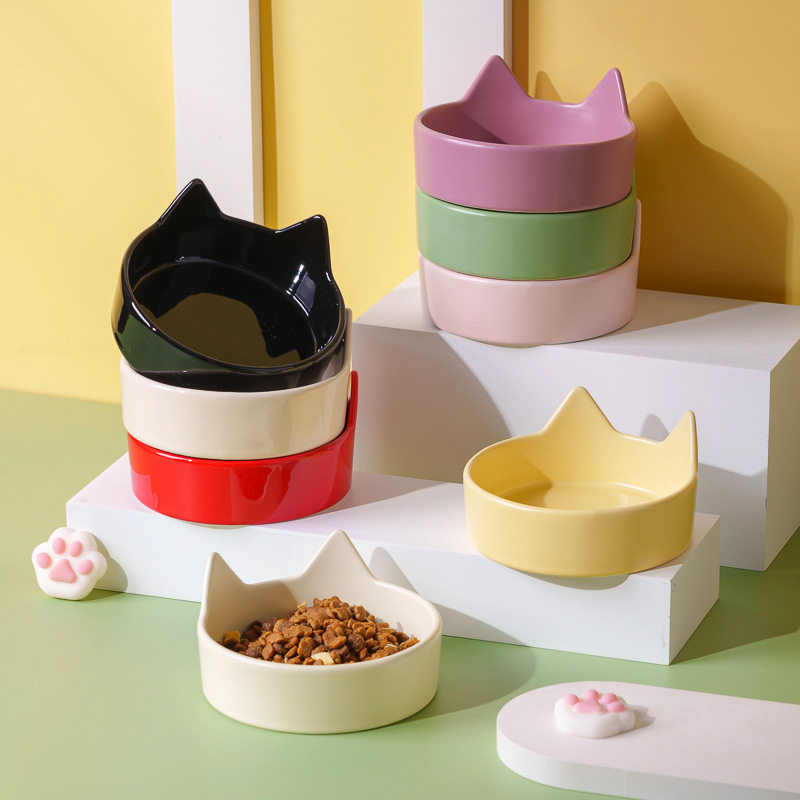 竖耳陶瓷宠物碗彩色宠物餐盘宠物用品陶瓷盘防打翻护颈猫盘