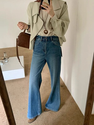 Kabodo85680微喇牛仔裤女2025秋季新款喇叭裤高腰修身弹力拖地裤