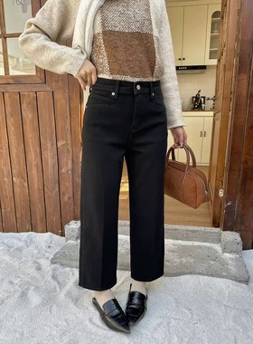 Kabodo68668A加绒牛仔裤女冬季直筒裤卡布高腰磨毛黑色九分蛋卷裤