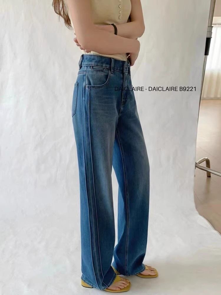 代嘉儿daiclaire牛仔裤女春季高腰显瘦弹力蓝色十分阔腿裤B9221