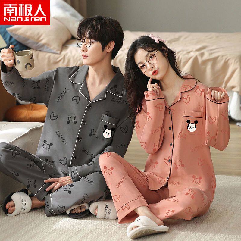 南极人爆款网红100%纯棉情侣家居服一男一女洋气高档开衫翻领睡衣