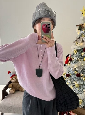 实拍秋冬韩系轻熟风百搭纽扣亨利领纯色柔软羊毛针织衫毛衣12161