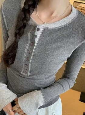 实拍！秋冬新品撞色拼接半纽扣明线加绒打底衫修身长袖T恤女11261