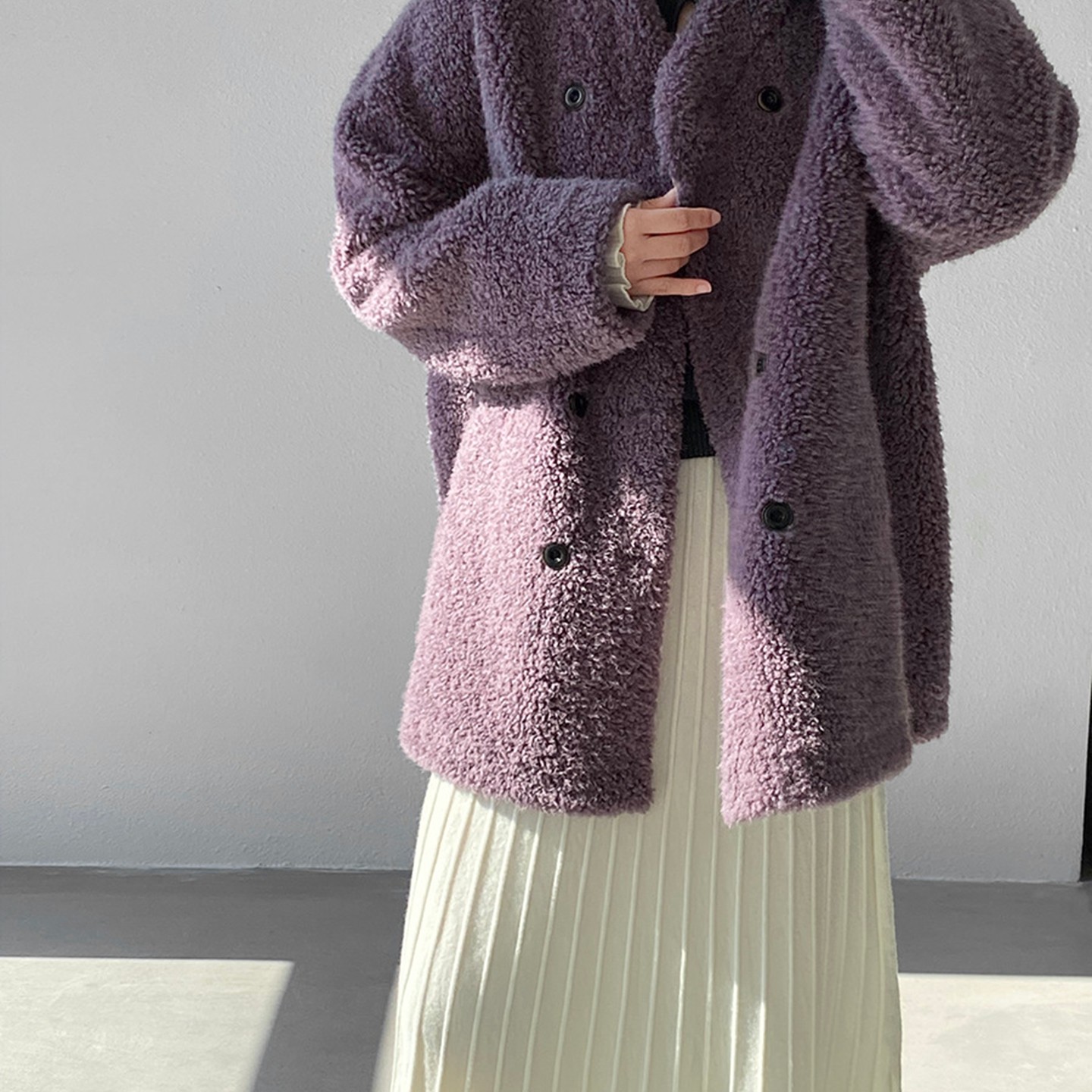 羊羔毛双排扣中长款毛绒保暖外套