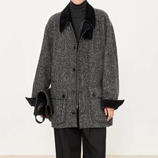 复古风灯芯绒接人字纹中长款大衣冬季保暖巴恩风羊毛呢子外套女