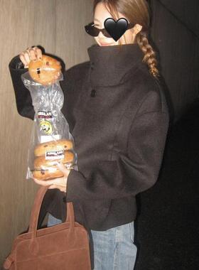 实拍！秋冬款金敏喜同款LEM风羊毛立领短款小个子毛呢外套大衣女