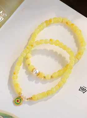 MYPAPA琥珀蜜蜡新作小颗粒柠檬黄蜜蜡小方块珍珠S925银镀金手串女