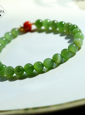 MYPAPA玉石毕业级俄料冰波纹苹果绿碧玉和田玉配老金手链