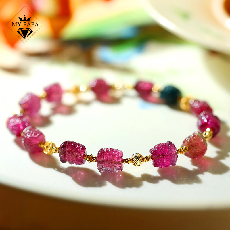MYPAPA水晶彩宝可遇不可求玻璃体卢比来红碧玺精工醒狮手串18K女