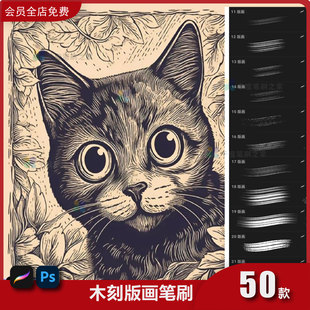 木刻版画ps笔刷procreate笔刷肌理质感排线复古刻痕手绘线条插画