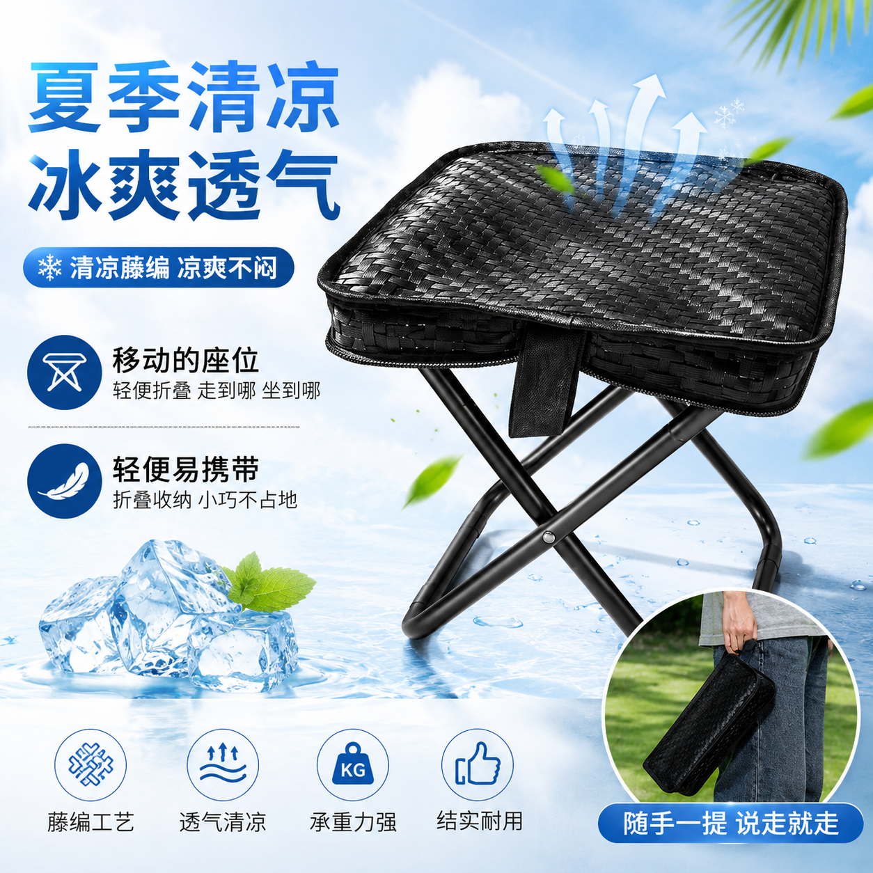 折叠小马扎夏季清凉款冰爽藤编板凳手提包便携式椅子户外排队神器