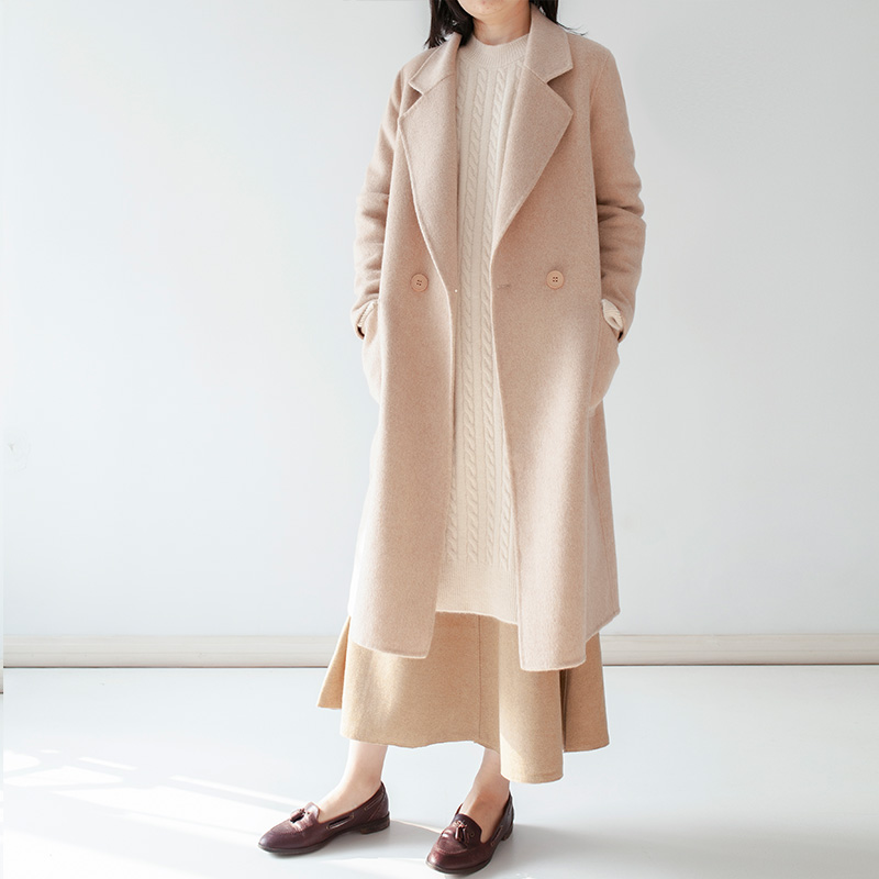 执白2025新款双面超细羊大衣女设计感小众中长款毛呢外套百搭通勤