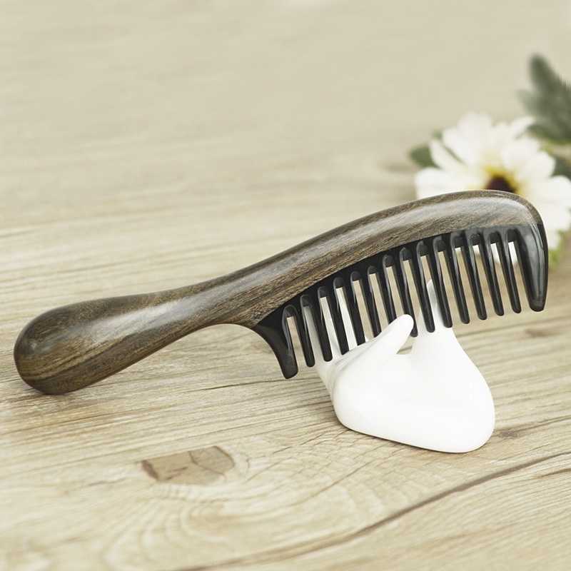 天然水牛角拼接天然檀木梳子18cm头部经络按摩梳厚手柄绿檀木梳子