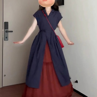2025新款复古蓝色衬衫连衣裙子女夏季法式高级感气质收腰长裙套装