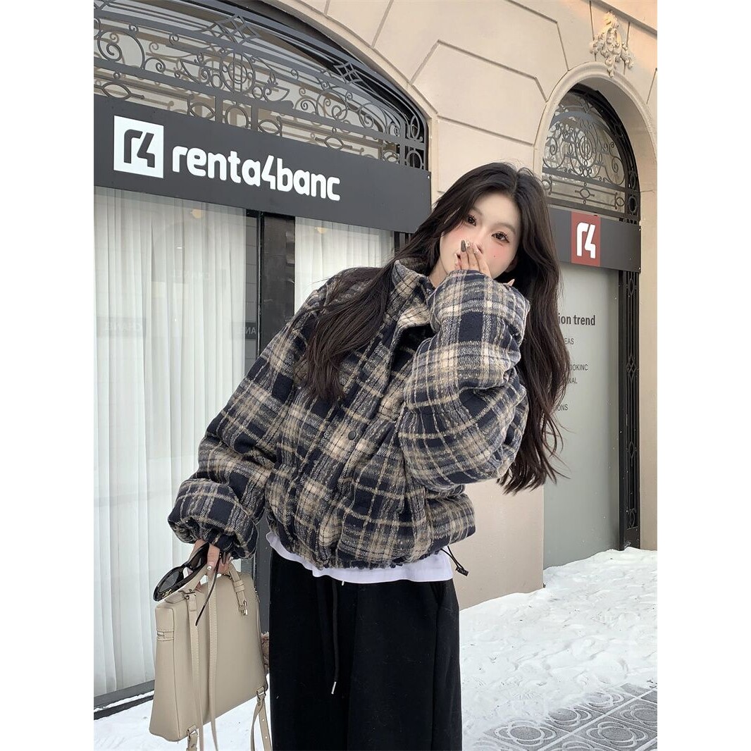 美式圣诞红氛围感格子加厚保暖棉衣棉服女2024冬季雪地面包服外套