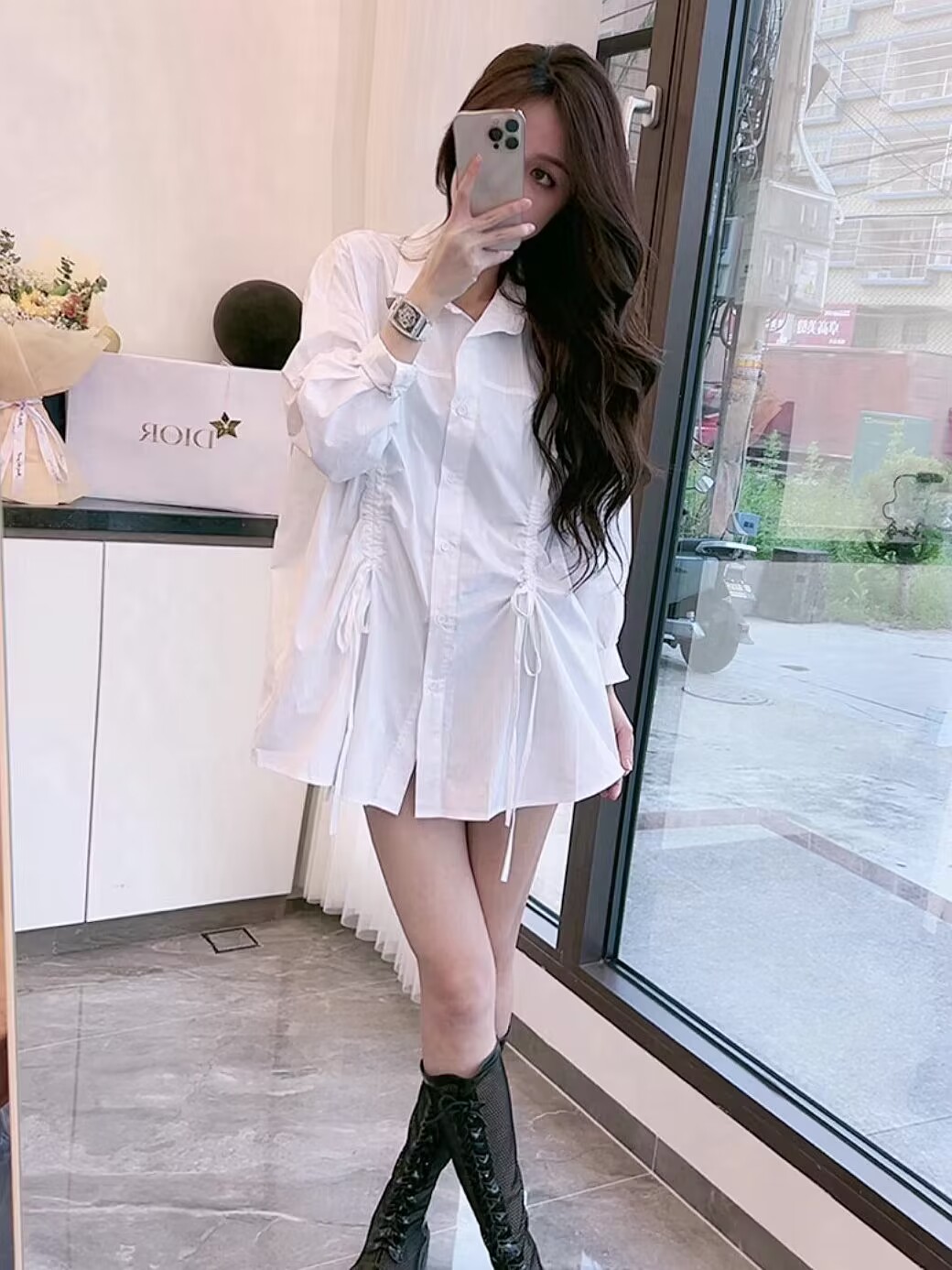 春季新款复古褶皱抽绳系带白色衬衫女韩版宽松修身显瘦中长款衬衣