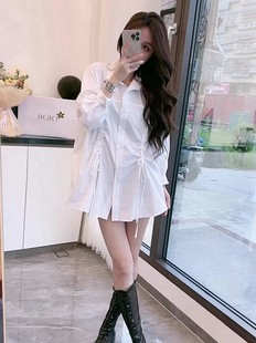 春季新款复古褶皱抽绳系带白色衬衫女韩版宽松修身显瘦中长款衬衣