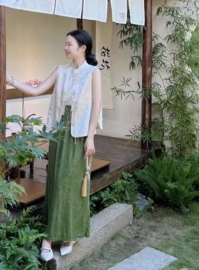 新中式国风女装马甲套装轻奢高级感今年流行爆款绿色半身裙两件套
