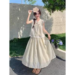 巨好看的夏装小个子韩里韩气穿搭米色飞飞袖衬衫半身裙两件套装女