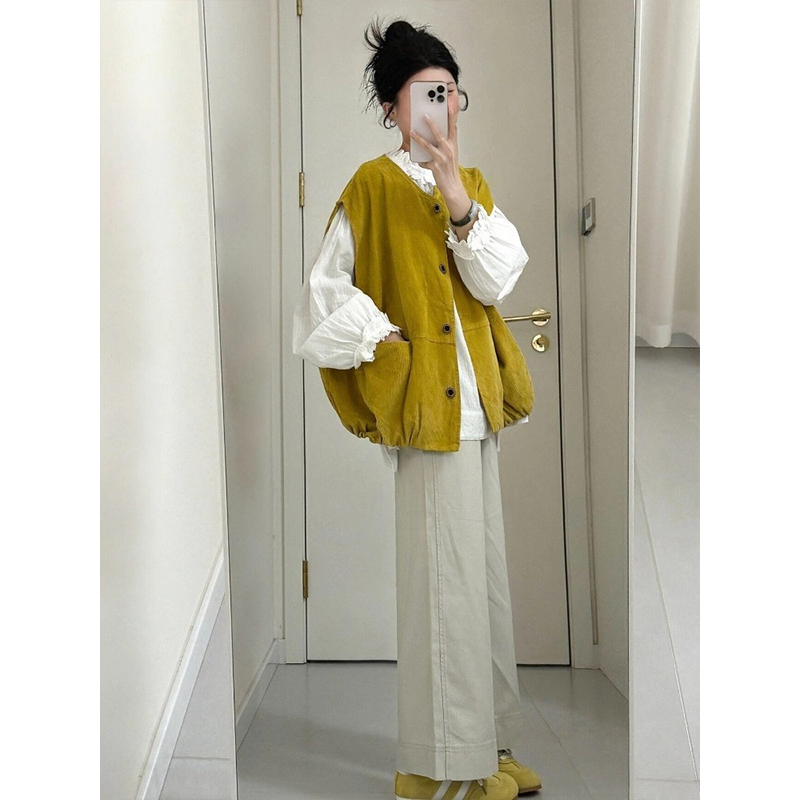 黄色宽松百搭背心马甲女秋季2025新款内搭白色长袖衬衫上衣两件套