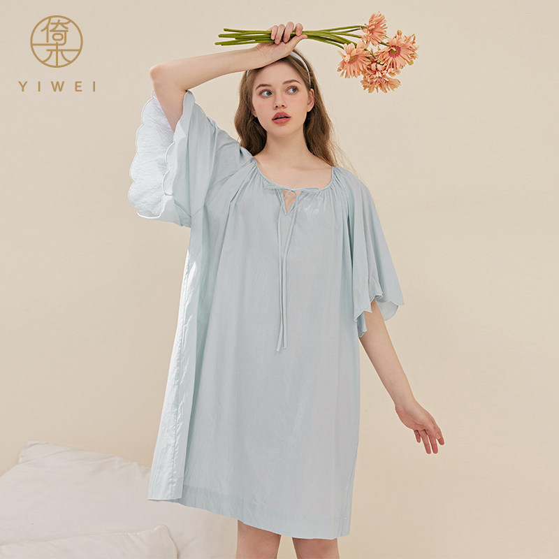 倚未 纯棉睡裙夏季女V领短袖糖果色家居服薄款夏季睡衣
