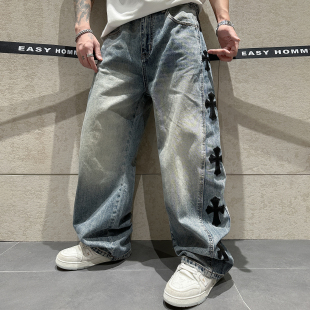 子 立体剪裁侧边CH十字架贴布克长裤 早春做旧水洗擦色牛仔裤 男个性