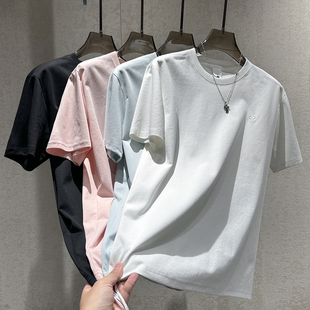 男个性 夏季 基础款 vintage风短袖 T恤 刺绣小标纯色设计廓形圆领修身