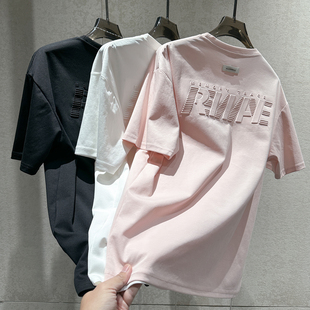 字母压花纯色设计简约百搭T恤衫 早春新款 个性 男士 美式 风休闲短袖