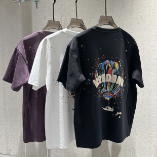 热气球印花搭配字母印花圆领T恤衫 早春新款 男个性 风炸街短袖 美式