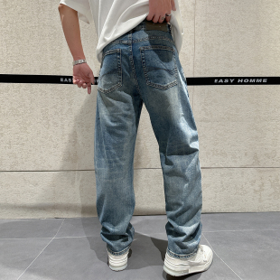 弧形压线设计潮流百搭长裤 早春新款 水洗做旧时尚 个性 小直筒牛仔裤