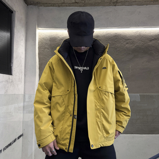 新款 饰宽松版 工装 魔术贴标装 型连帽潮流外套 口袋羽绒服男个性 冬季