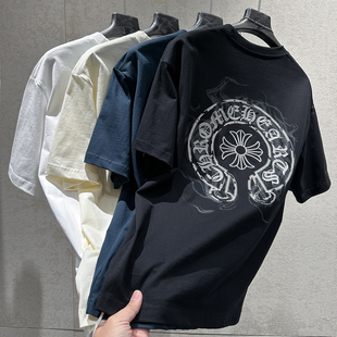美式 型重磅克T恤衫 风圆领短袖 CH十字架印花宽松版 男个性 早春新款