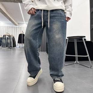 街头风长裤 子通勤百搭潮流牛仔裤 男士 水洗做旧复古宽松裤 个性 美式