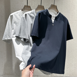 饰百搭T恤衫 早春新款 假两件撞色拼接小V领金属装 男个性 氛围感短袖