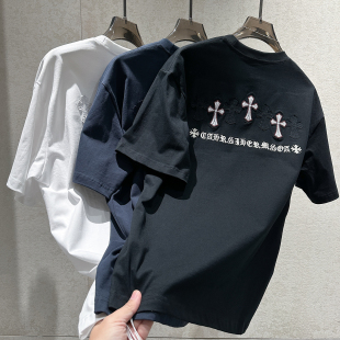 美式 型时尚 风圆领短袖 CH十字架贴布设计宽松版 T恤 男个性 早春新款