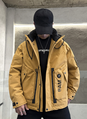 冬季工装口袋羽绒服男士个性字母胶印设计连帽百搭时尚高街风外套