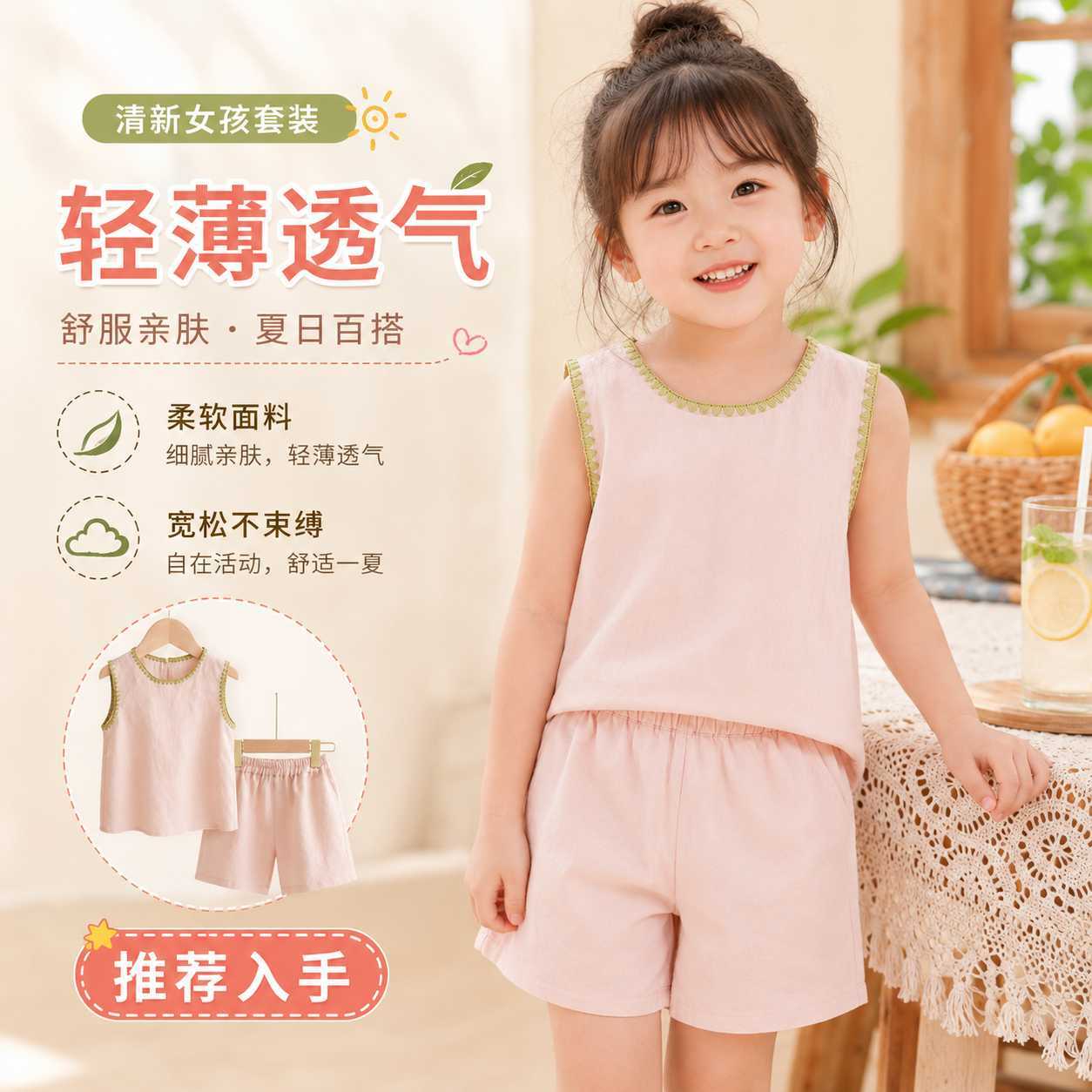 女童亚麻套装夏上新款A类亲子无袖套装透气舒适薄款公主两件套