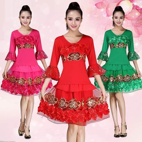 广场舞服新款套装大码喇叭袖玫瑰花拉丁舞服成人舞蹈服舞台演出服