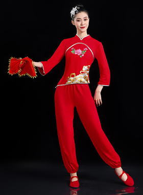 广场舞打鼓演出服装女新款国风红色喜庆灯笼裤套装东北秧歌舞蹈服