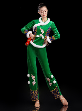 广场舞新款金丝绒套装中老年民族秧歌舞红色喜庆打鼓服舞台演出服