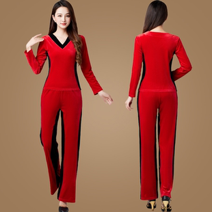 金丝绒健身操加厚舞蹈练功服广场舞服装运动套装秋冬新款跳舞衣女