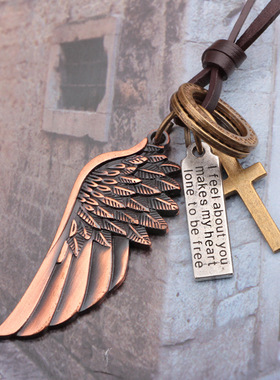 天使翅膀真皮项链欧美风格牛皮项链跨境流行嘻哈饰品厂家