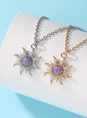 创意新款太阳项链女镶锆石雨花石吊坠小众设计百搭衣饰装饰锁骨链