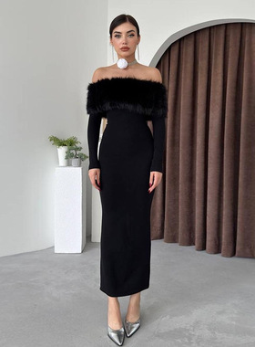 One shoulder fur collar slim fit dress 一字肩毛领修身连衣裙