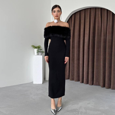 One shoulder fur collar slim fit dress 一字肩毛领修身连衣裙