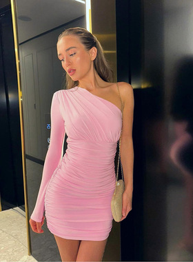 XY25268单肩性感露背长袖修身连衣裙女 欧美跨境新款辣妹包臀