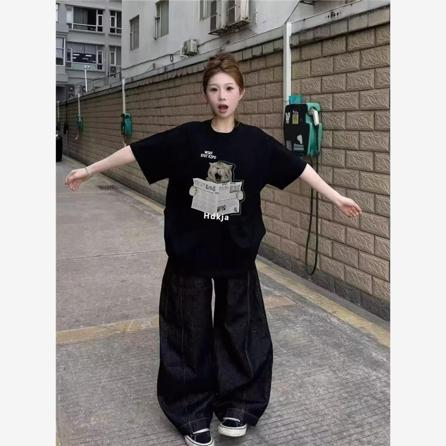 纯棉正肩黑色短袖t恤女夏季2025新款爆款美式宽松小众设计感上衣