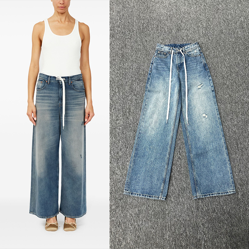 MM6直筒牛仔裤女抽绳宽松高腰长款女个性破洞百搭显瘦2025春夏季