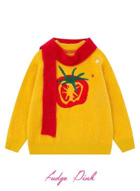 Fudge Pink 25冬季New美甜美少女卡通图案提花宽松套头毛衣